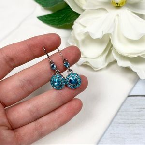 Aqua Blue Rhinestone Round Dangle Earrings